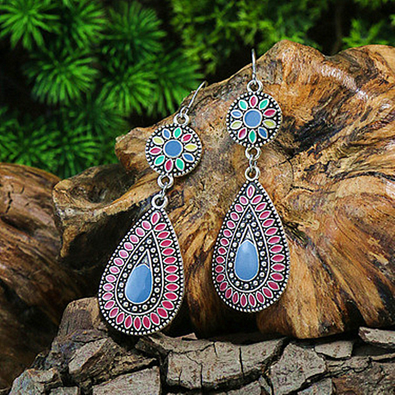 Pendientes de gota de agua de aleación étnica bohemia para mujer, pendientes colgantes de aceite de gota Multicolor Retro, joyería para diaria y vacaciones: Deep Purple