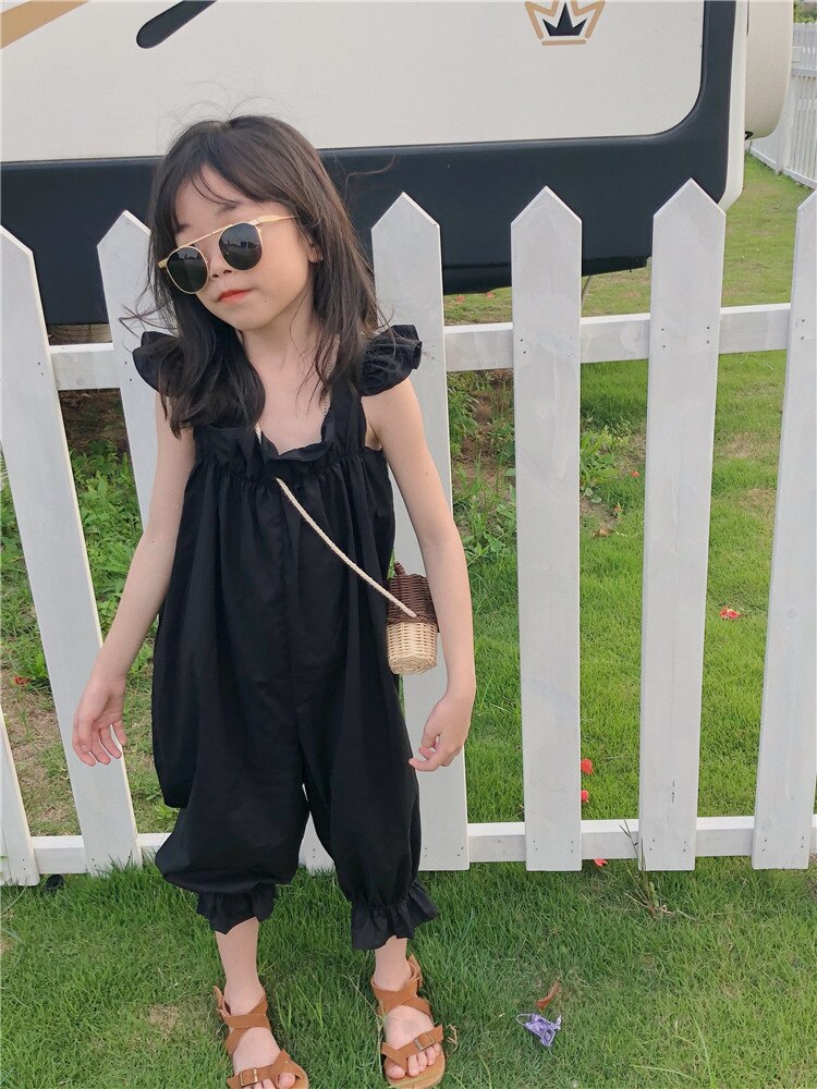 summer black overalls girls ruffles jumpsuits children sleeveless jumpsuits 2-10Y ws1688