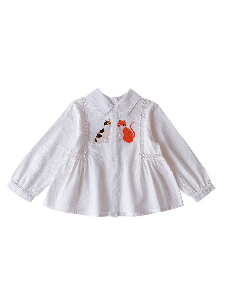 Lente zomer katten borduurwerk lange mouwen blouses voor meisjes katoenen omslagkraag poppenkleding