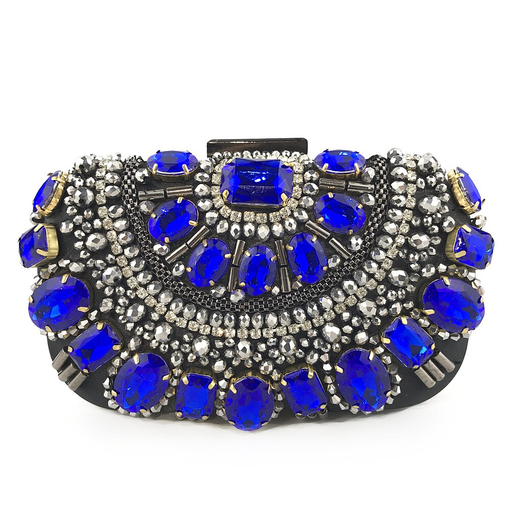 Famous Brand Women Handbags Black Crystal Evening Purse for Female Metal Clutches Beaded Bridal Wedding Box Flaps Bolsos Mujer: Blue