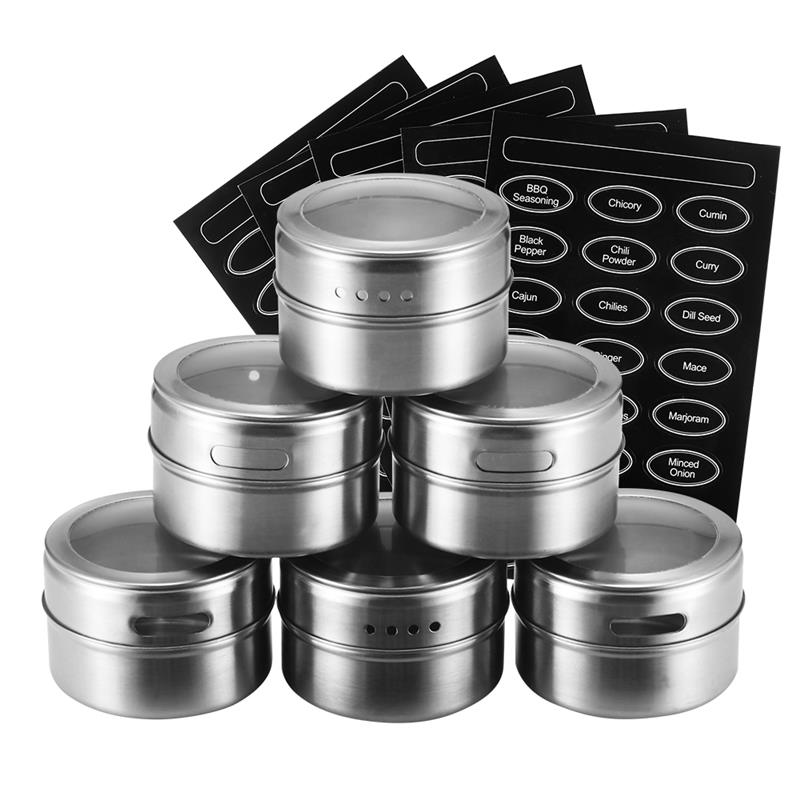 Magnetic Spice Jar Set With Stickers Stainless Steel Spice Tins Spice Storage Container Pepper Seasoning Sprays Tools