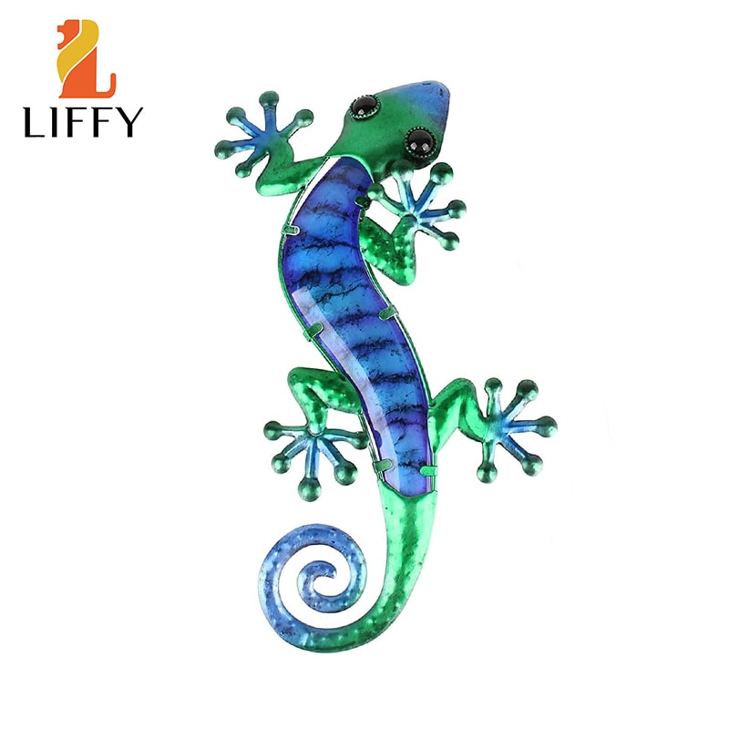 Metal Lizard Wall Art with Green Glass Painting for Garden Outdoor Decoration Animal Statues and Sculptures