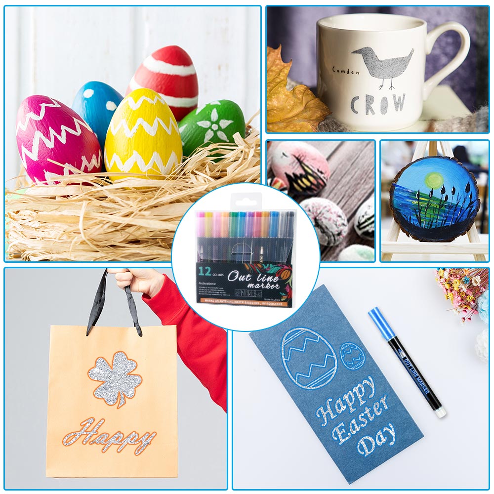 12pcs Outline Metallic Marker Pen Doodle Markers Double Line Magic Shimmer Paint Pens With 8 Small Cards