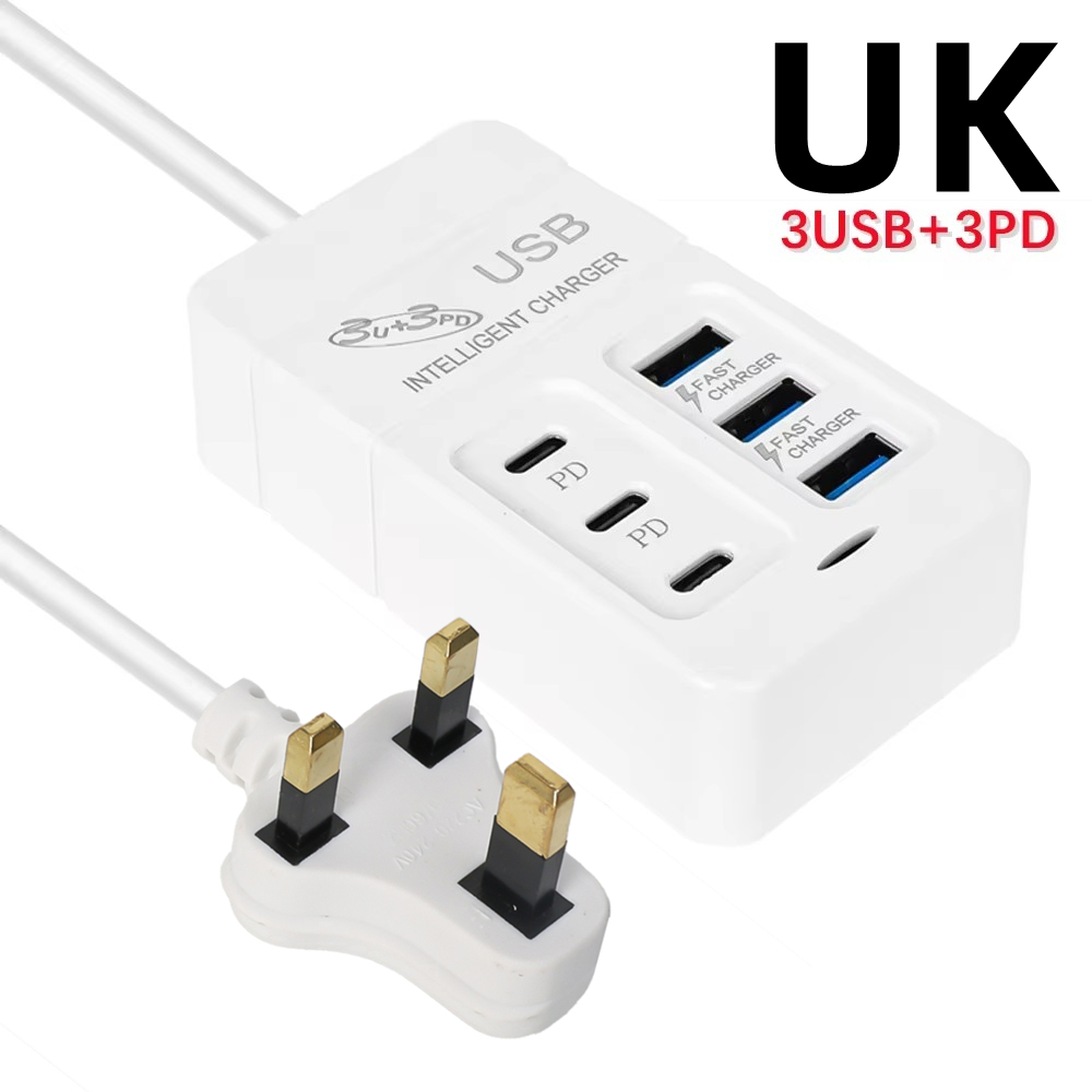 Cargador USB multipuerto de 6 puertos, 35W, PD tipo C, carga rápida para teléfono móvil, cargadores de pared tipo C, adaptador de concentrador tipo C, enchufe UE, EE. UU., Reino Unido: Plata