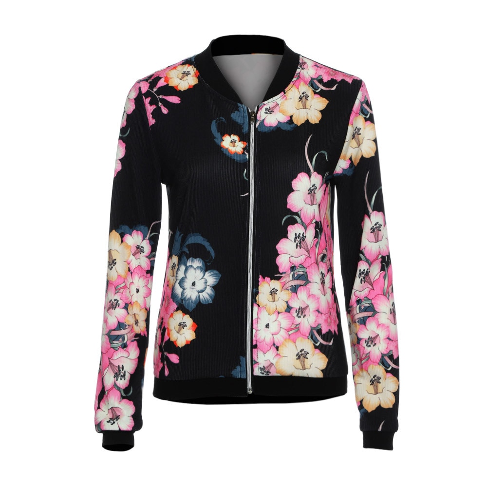 Womens Autumn Slim Jacket Coat Ladies Biker Celeb Flower Bomber Jacket Coats Basic Casual Outerwear 7.17