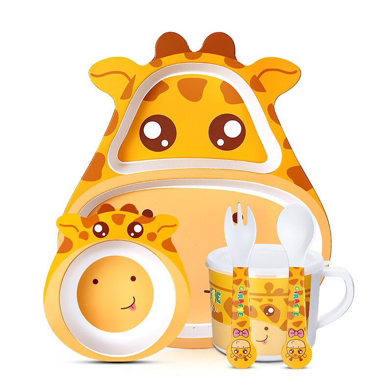 Baby Bamboe Kom + Lepel + Vork Feeding Servies Set Cartoon Aniaml Bee Kid Gerechten Bamboe Voeden Kom Diner plaat: giraffe