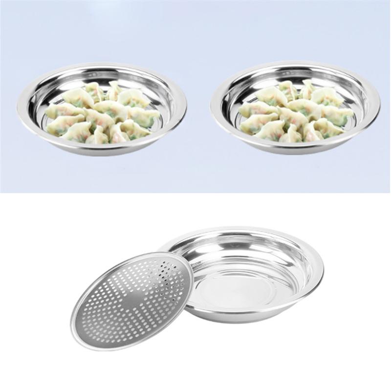 Dobbeltlags dreneringsplate multifunksjon rund dumplingplate i rustfritt stål for tilbehør til hjemmekjøkken (inkludert boks)