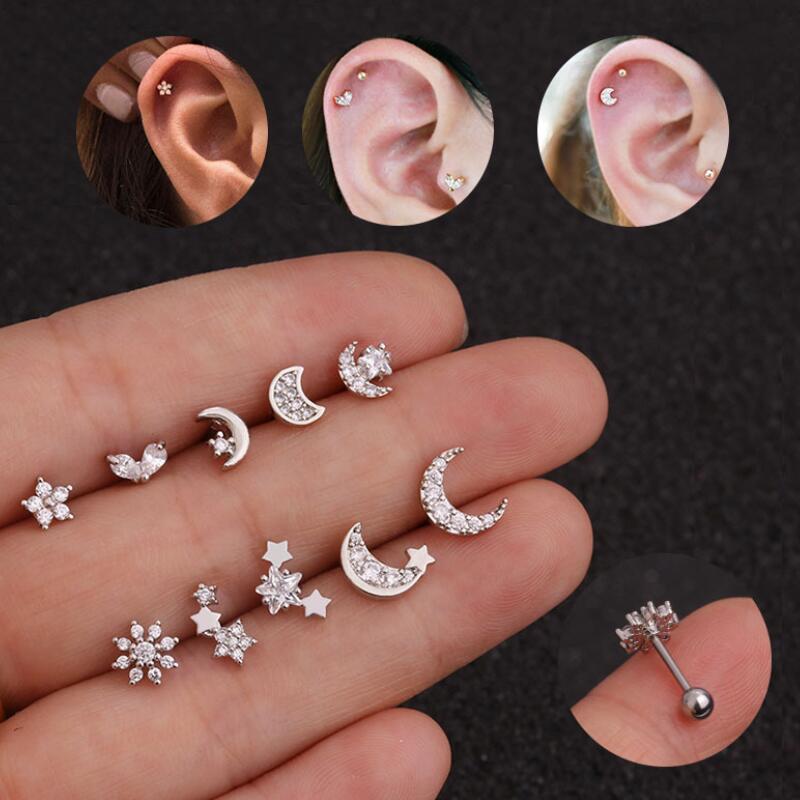 Zilveren Kleur Kruis Hart Bloem Kroon Cz Oorstekers Helix Piercing Kraakbeen Earring Conch Rook Tragus Stud Oor Piercing Sieraden