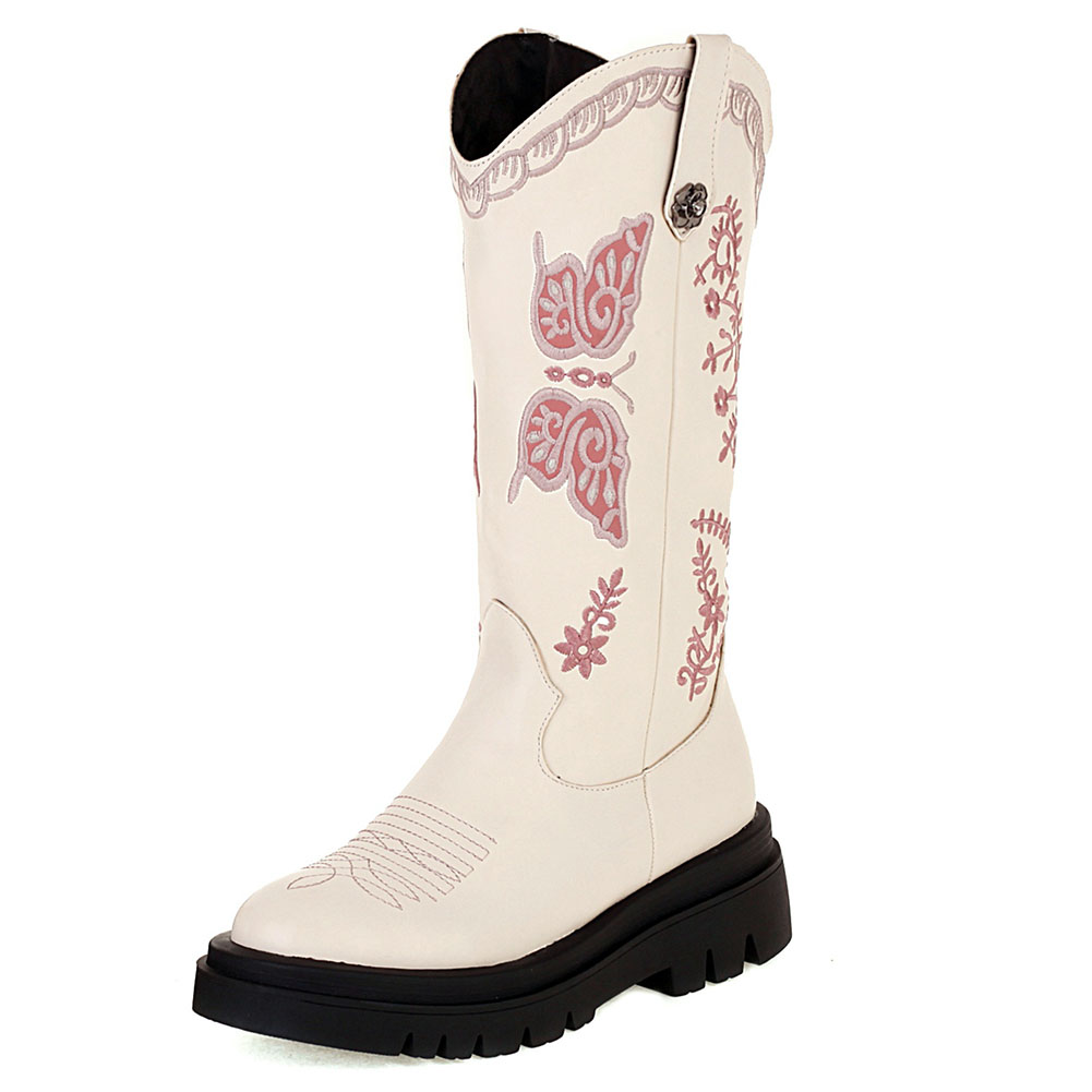 Y2K – bottes occidentales Vintage à talons épais pour femmes, chaussures brodées à plateforme: beige / 9