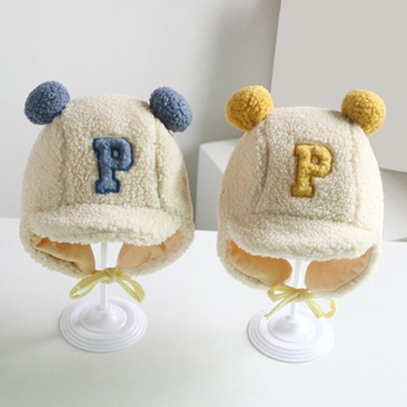 Inverno quente bebê meninos letra p cordeiro veludo earflap chapéu duplo pompom boné beanies para crianças criança gorro eargflap alta qualidade