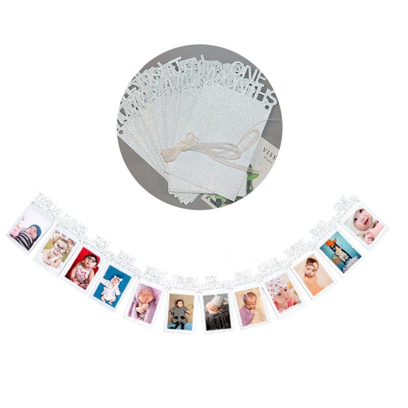 Marco de fotos de 12 meses, cartel para primer cumpleaños, decoraciones para primer bebé, niño y niña, suministros para fiestas de 1 año, dorado, rosa y plateado: Plata