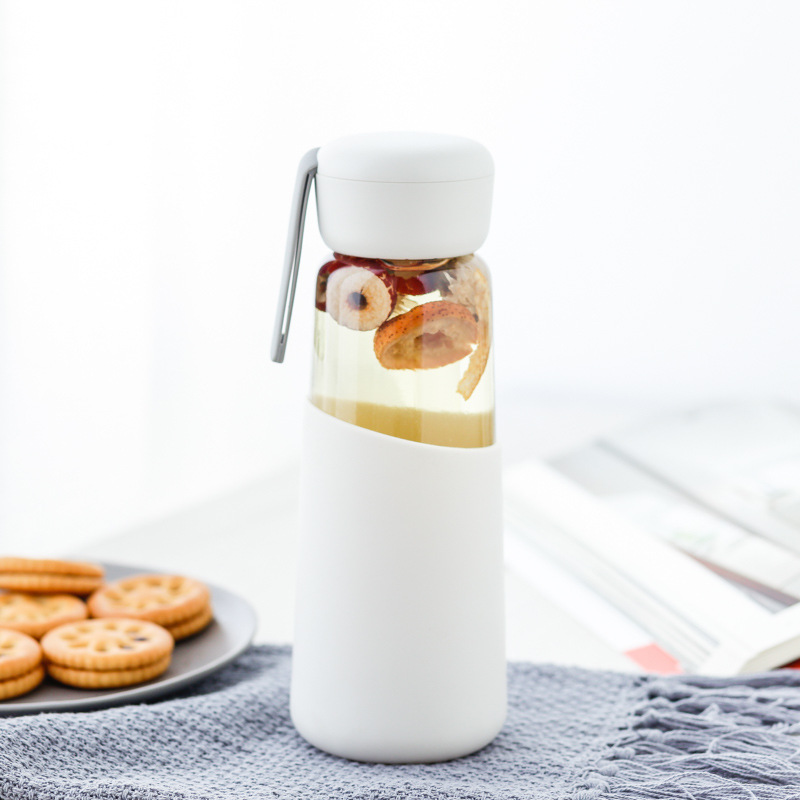400ml Korean Women Glass Water Bottle with Silicone Cover Students School Drink Bottles Outdoor Portable Rope: white