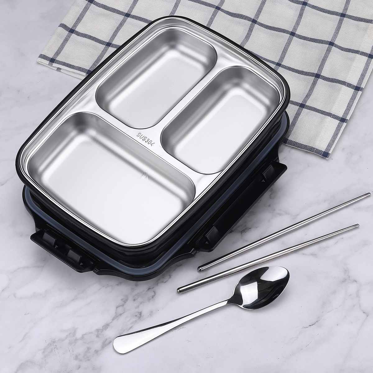 Japansk matlåda med fack 304 rostfri bento-låda för barn skolmatsbehållare läckagesäker matlåda värmearbete: Svart 3 rutnät