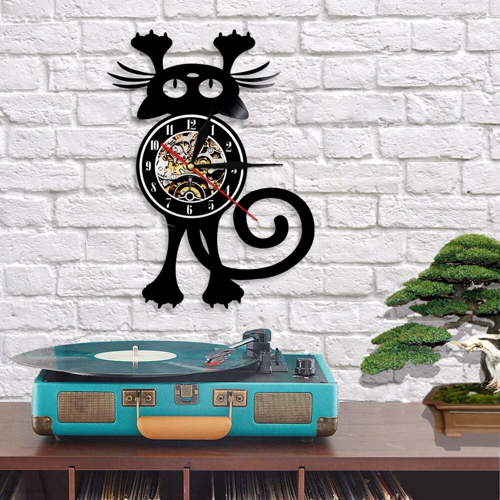 Animals Vinyl Record Wall Clock for Cat Fans Silent Watch Crazy Kitty Timepiece Night Light LED Lamp