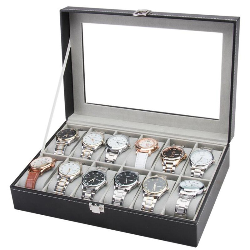 6/6 + 3/8 + 2 Grids Storage Horloge Doos 8/10/12 Grids Pu Lederen Horloge Houder Organizer Voor Quartz horloge Sieraden Dozen Display: 12 Grid Gray