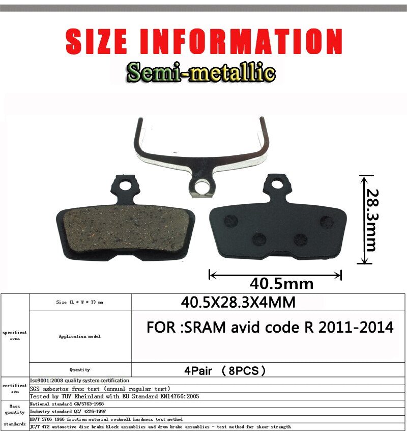 4 par mtb mountain bike ciclismo bicicleta freio a disco almofada para sram avid código r 2011-2014 hidráulico semi-metálico acessórios