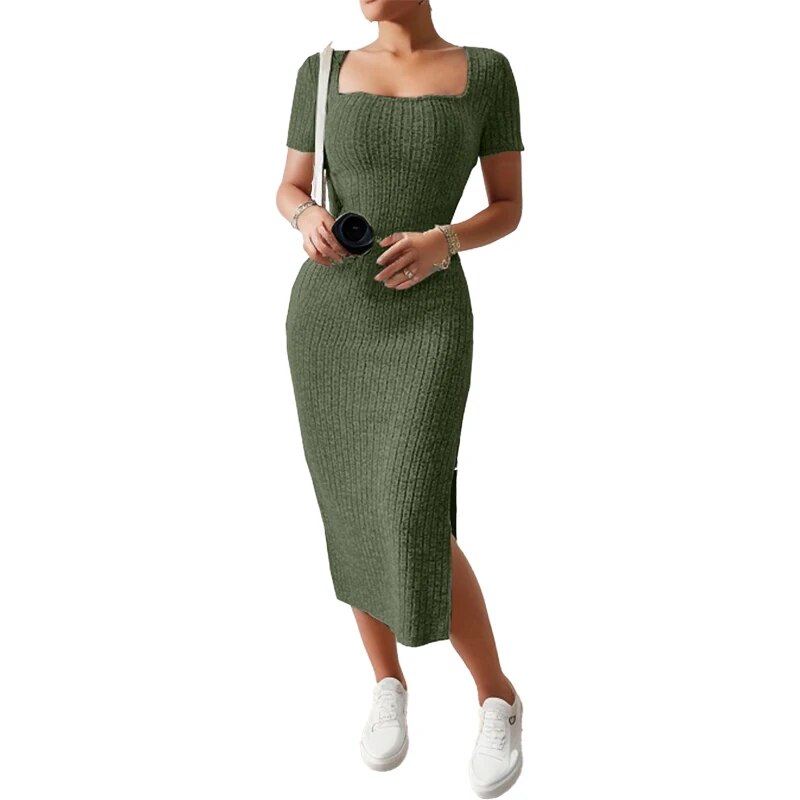 Robe d'été mi-longue à col carré, jupe moulante à la hanche, robe à manches courtes, fendue et polyvalente