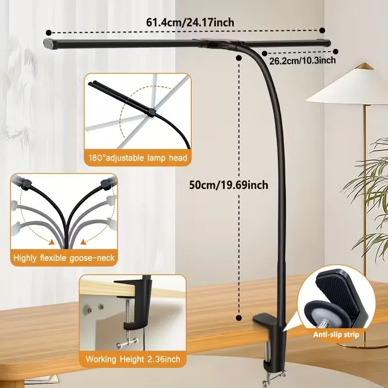 LED-bureaulamp voor thuiskantoor Oogverzorgende monitor Tafellamp met klem Kleurverandering Dimbaar met flexibele zwanenhals Dubbele kop