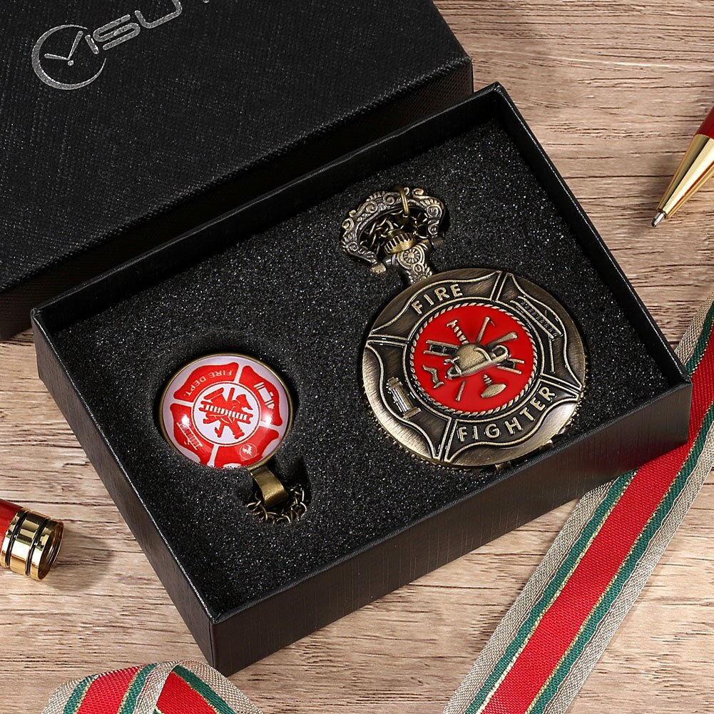 Red Fire Fighter Quartz Pocket Watch Box Set Punk Firefighter Necklace Pendant Memory Firemans Arabic Number Fob Watch Relgio
