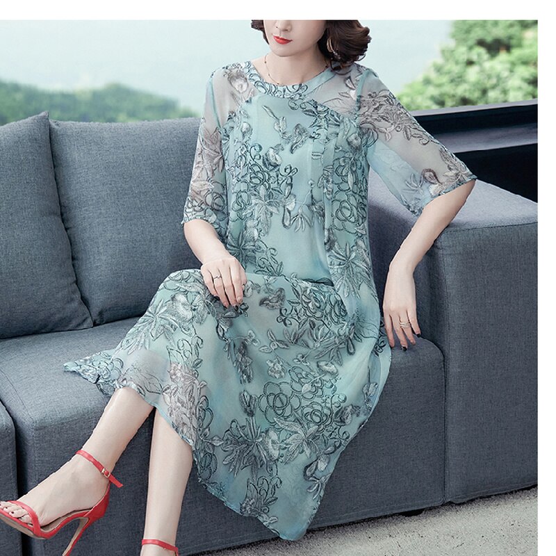 Vestido Midi veraniego de seda de mora para mujer, vestido veraniego de talla grande 4XL, informal, verde, Floral, ceñido, para , 2022