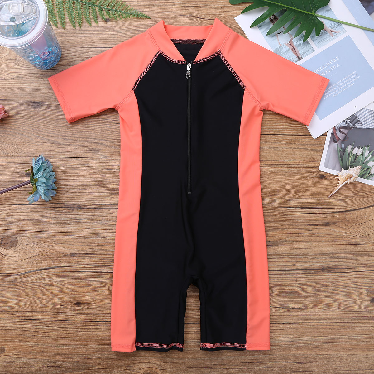 Kids Boys One Piece Swimsuits Short Sleeves Shorty Wetsuit Competitive Swimwear Zippered Rash Guard Bathing Suit Beachwear