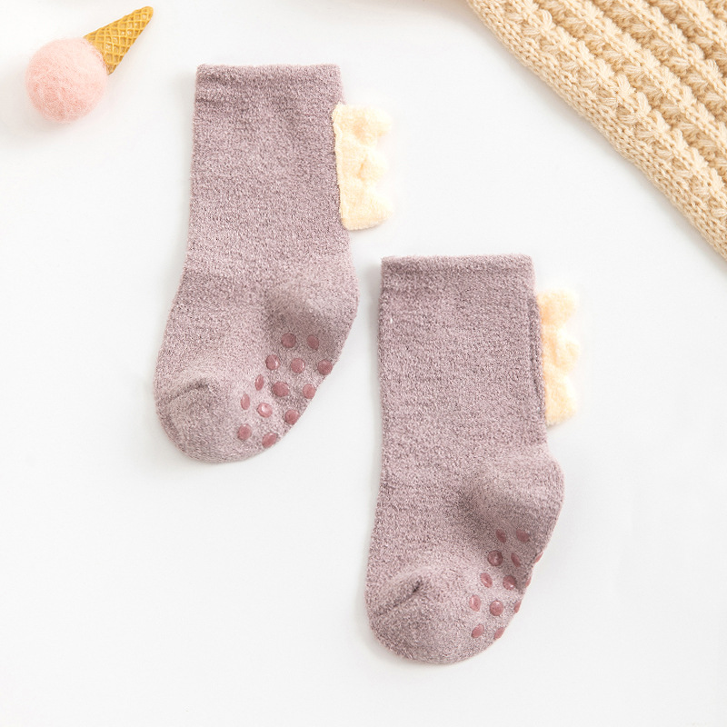 Winter Warm Coral Fleece Baby Socks Soft Thicken Terry Toddler Socks Cute Cartoon Dinosaur Infant Non-slip Floor Sock Boys Girls: Purple / L 3-5years old