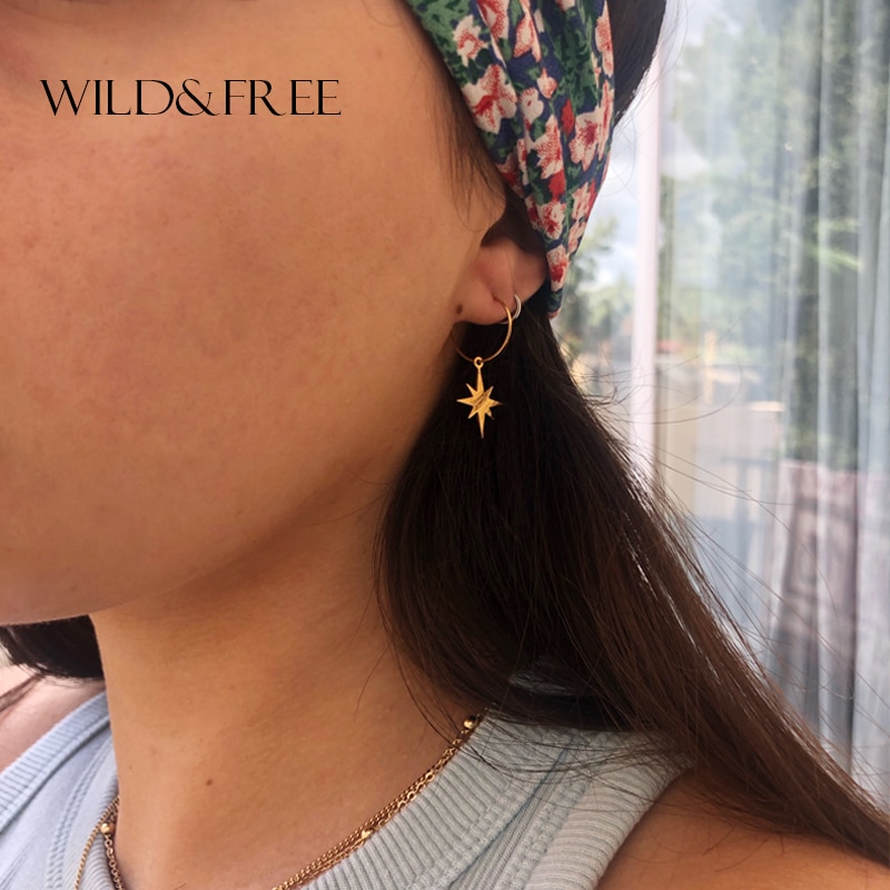 Wild&Free Stainless Steel Geometric Circle Hoop Earrings For Women Star Moon Cross Round Shape Huggie Thin Circles Hoops Earring