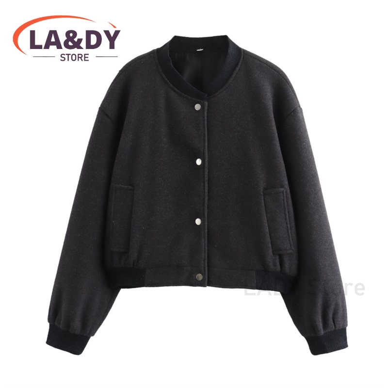 Giacca cappotto 2024 autunno donna moda sciolto monopetto colletto alla coreana femminile tinta unita Casual manica lunga tasche capispalla: L / Black
