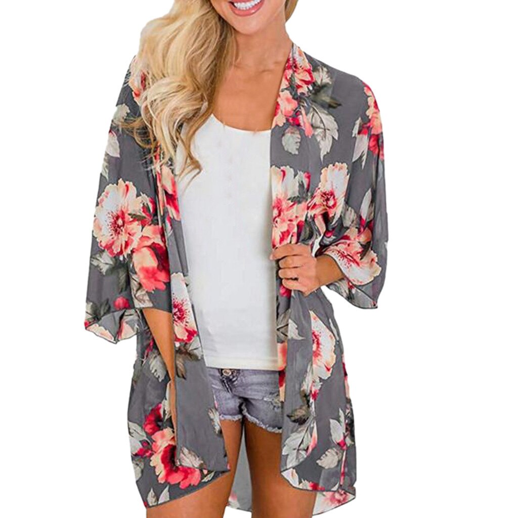 Dam chiffong lös sjal ledig sommar strand blommig kofta kappa chiffong kimono blus solskydd täck ups våren: Grå / L