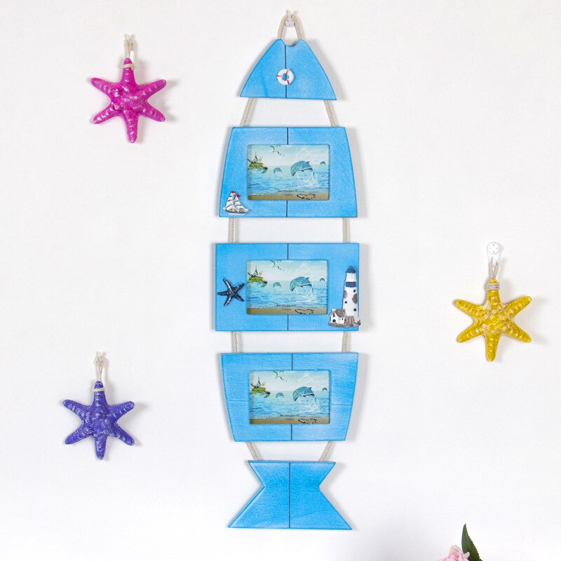 Wall-mounted Mediterranean Wooden Photo Frame Hanging Wall Decoration Combination Pictures Frames Starfish Shell Crafts