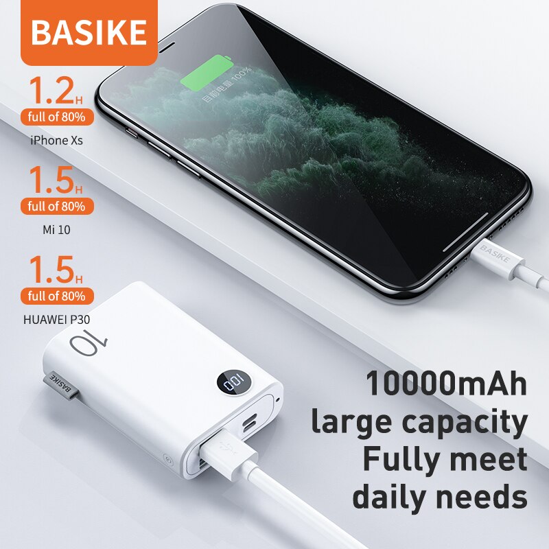 Mini powerbank basike pf23p 10000mah, bateria recarregável portátil, bateria branca, bateria externa para xiaomi, huawei, iphone