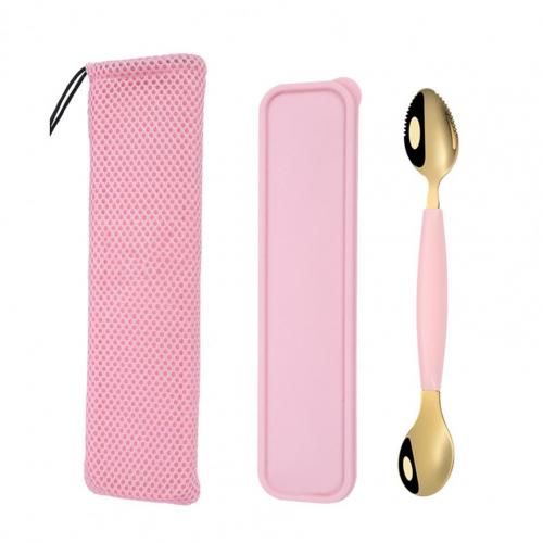 Cuchara de raspado de barro de doble cabeza para niños, multifuncional, de acero inoxidable, procesador de alimentos para bebé, barro para raspar fruta para Cocina: Pink Golden