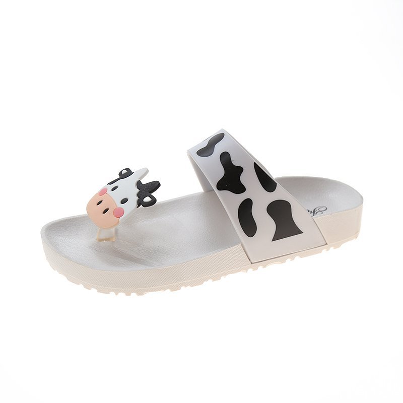 Chanclas de dibujos animados de vaca para mujer, zapatillas de Interior para el baño, sandalias de playa para la playa, zapatos de verano, zapatillas de Tanga, zapatos para exteriores