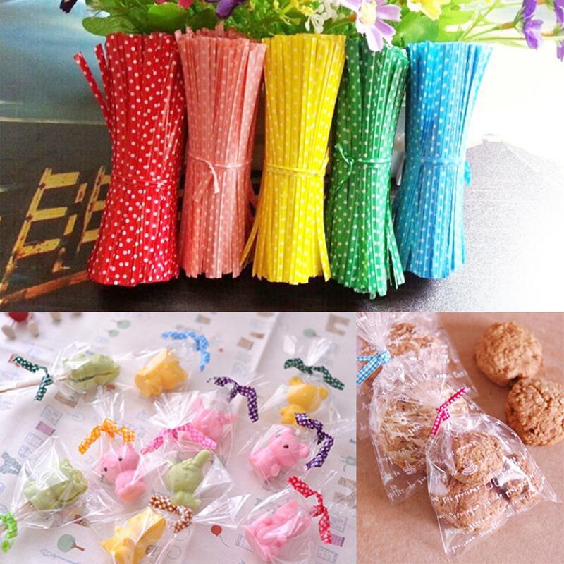 100Pcs cravatte metalliche a spirale filo per caramelle cravatte borsa chiusa confezione da Dessert clip di tenuta morsetti da sposa 9Cm tinta unita