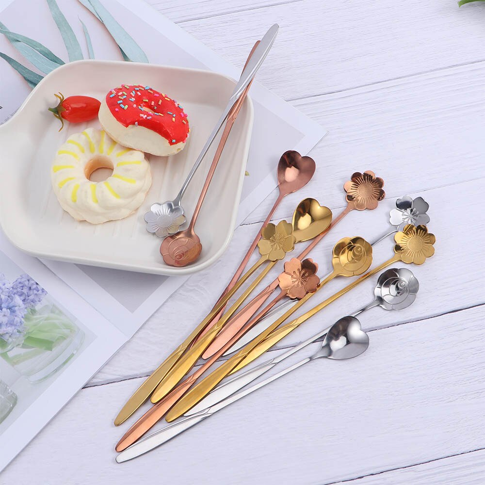 Flowers Gold Spoon Long Handle Dessert Tea Coffee Mixing Spoon Stainless Steel Vintage Teaspoons Drink Tableware