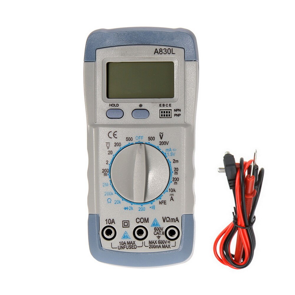 Junejour A830L Digital Multimeter Tester Handheld Volt Meter Voltage Tester with Buzzer&Test Pen LCD Backlight Display: white grey