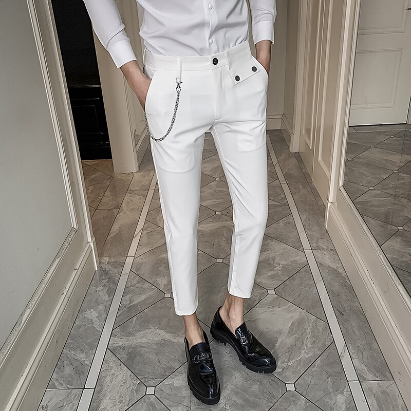 Kedja dekoration herr slim fit affärsklänning byxor fritidsbyxor byxor ankellängd formell bröllopsbyxa pantalon kostym