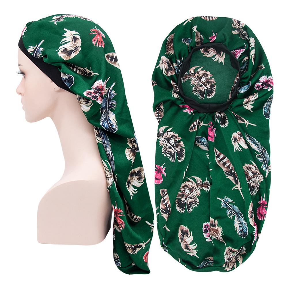 Lange mutsen voor vrouwen, afrikaanse tulband, hoofddoek, slaapmuts, satijnen zijdeachtige print, haarmuts, vlecht, slouchy hoed, tb -83a: Veergroen