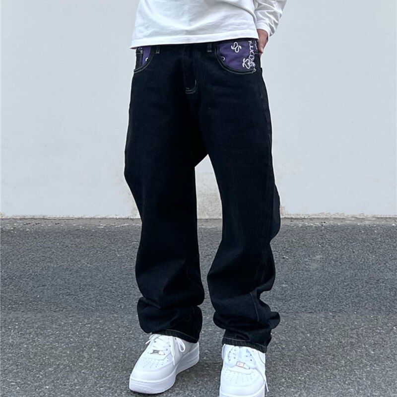 Gotiske bogstaver print jeans mænd hip hop patchwork streetwear oversized baggy jeans afslappede denim bukser løse vintage herre bukser
