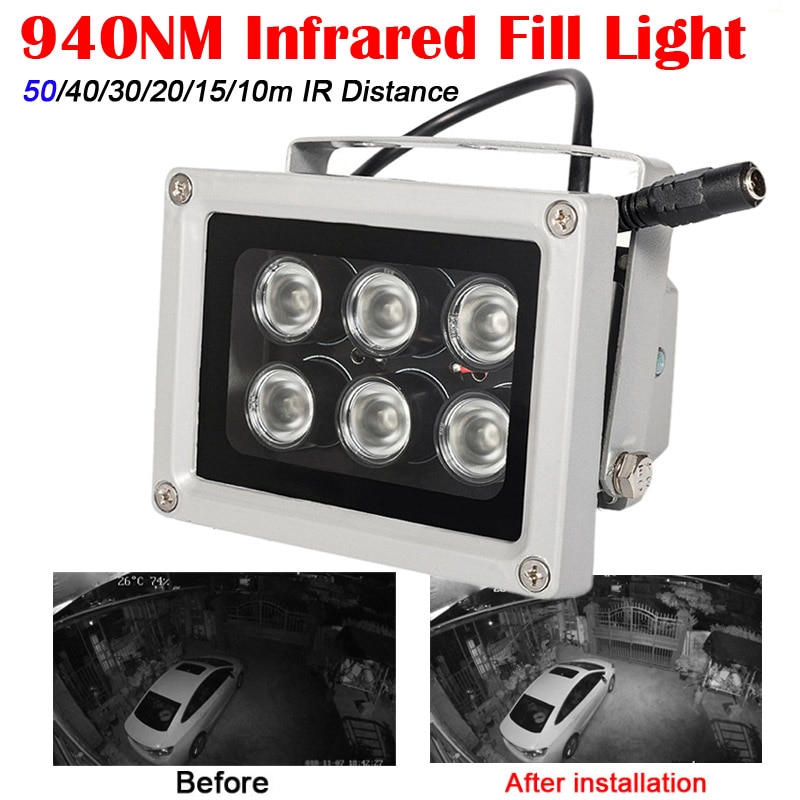 50M Invisible illuminator 940NM 6Array LEDs Infrared Light Waterproof Night Vision Fill Light for CCTV Camera 90/60/45/30 degree