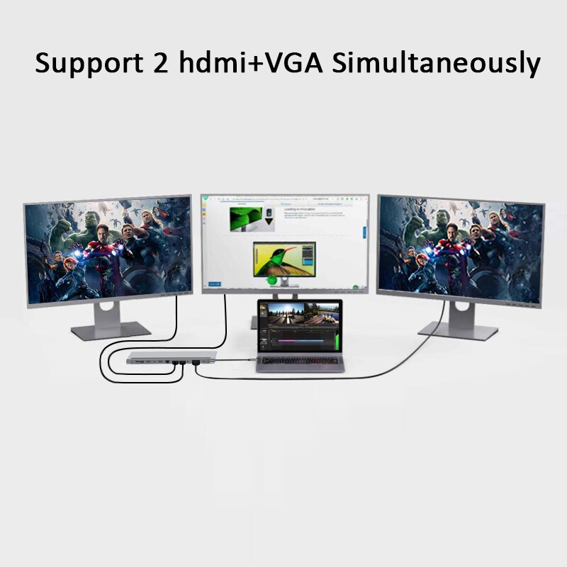 12in1 Type C Docking Station Naar Dual Hdmi Vga 3.5Mm Audio Tf/Sd Rj45 USB3.0 Pd Lading Usb C Hub Voor Telefoon Laptop Macbook