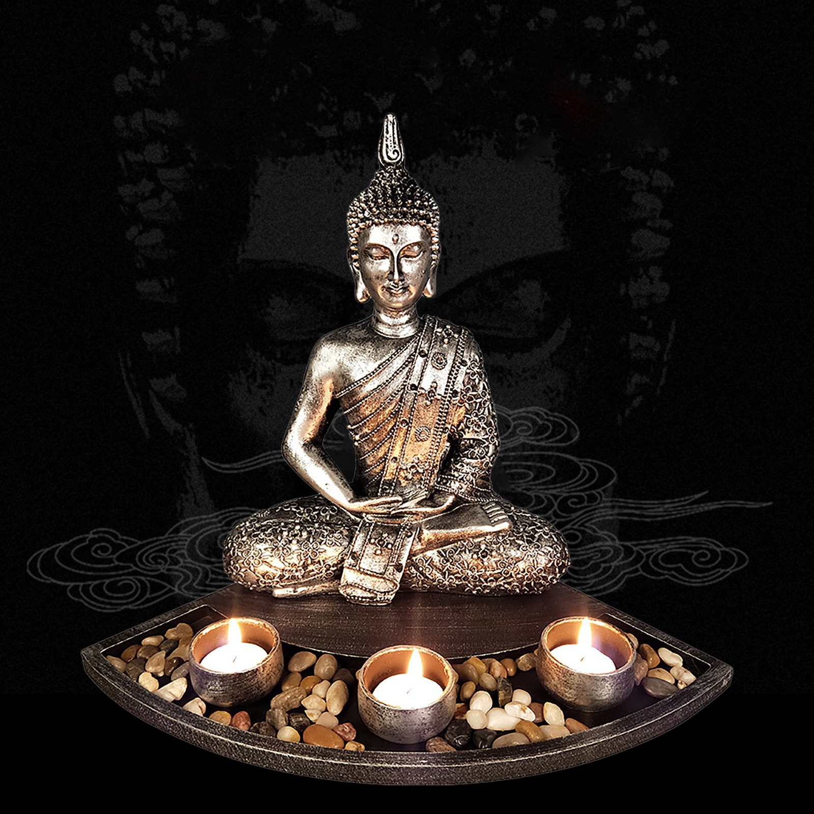 Buddha Head Sculpture Zen Garden Set Tealight Candle Holders Wooden Display Tray Home Accessories Year Decoration