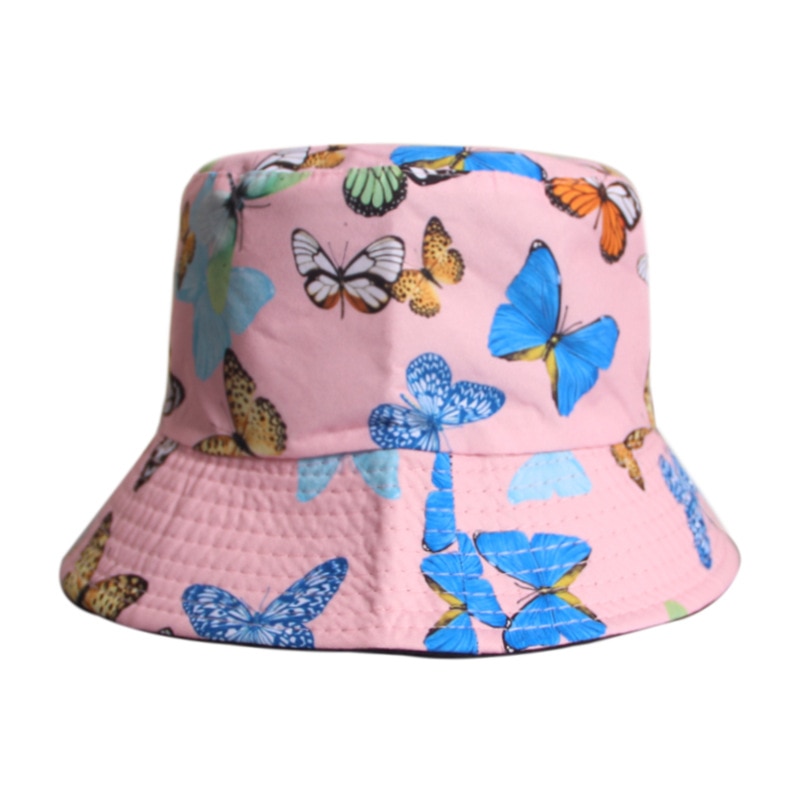 Chapeau bob imprimé papillon pour femme, panama blanc, chapeau de pêche réversible d'été, casquette seau hip-hop, chapeau femme: Rose