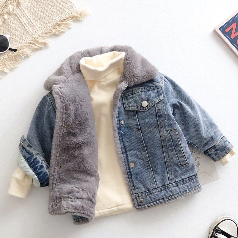 Girls Faux Fur Denim Jacket Plush Denim Shirt Toddler Boys Winter Short Coat Kids Jackets for Girls Long Sleeve Single Breasted