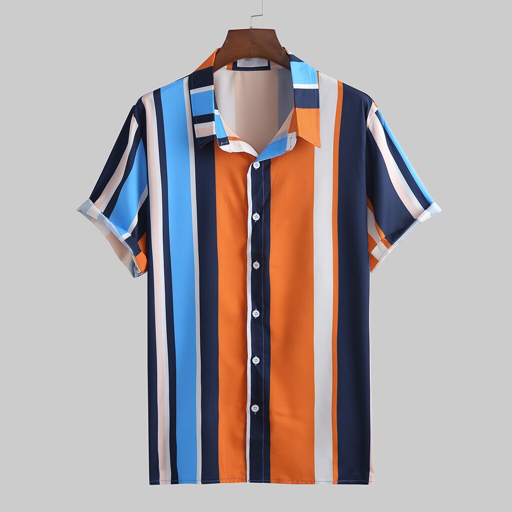 Blusa Hawaiana de manga corta con dibujo de solapa para hombre, camisa informal a la para verano,: Naranja / M