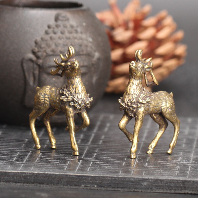 Vintage Copper Deer Ornaments 1 Pair Solid Brass Sika Deer Figurines Lucky Feng Shui Crafts Sculpture Home Office Desk Deoration