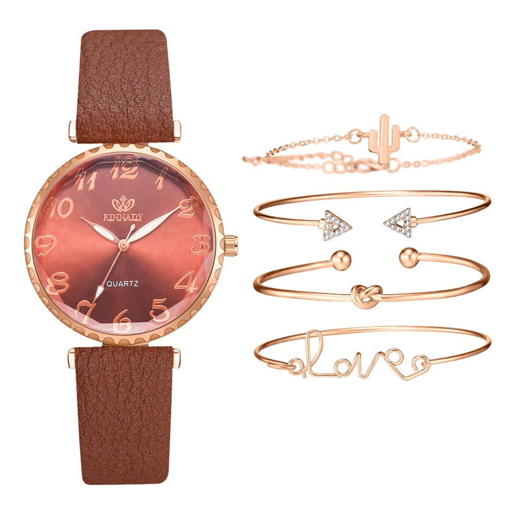 Montre Dame Lederen Band Quartz Horloge Mode Vrouwen Armband Armband Horloge Vijf Delige Set Persoonlijkheid Dameshorloge: brown set
