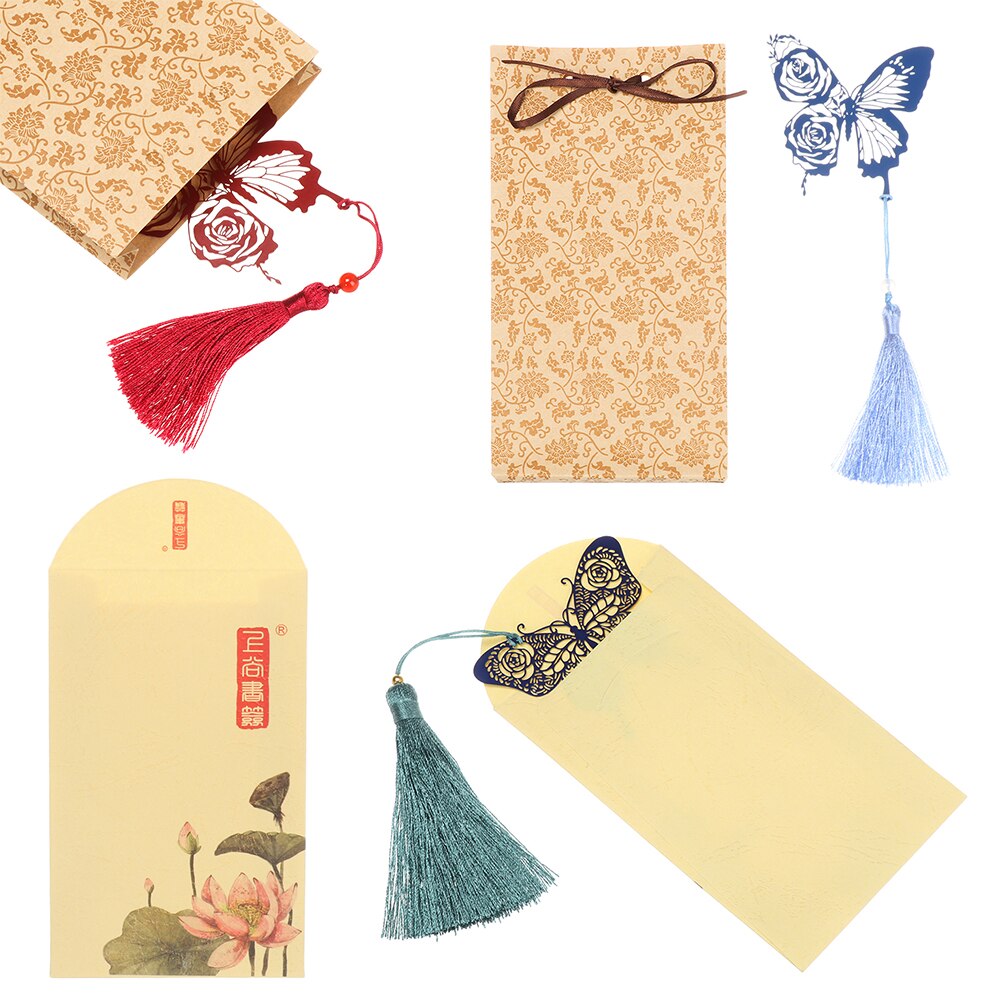 1PC Retro Brass Bookmark Tassel Pendant Butterfly Rose Book Clip Pagination Mark Stationery Student Cartoon Metal Bookmark