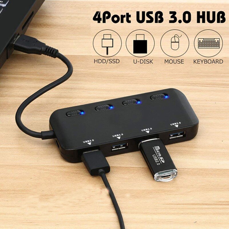 Divisor de concentrador USB 3,0 tipo C 3,0, extensor USB de 4 puertos, Hub de datos ultradelgado con interruptor de alimentación Individual y LED