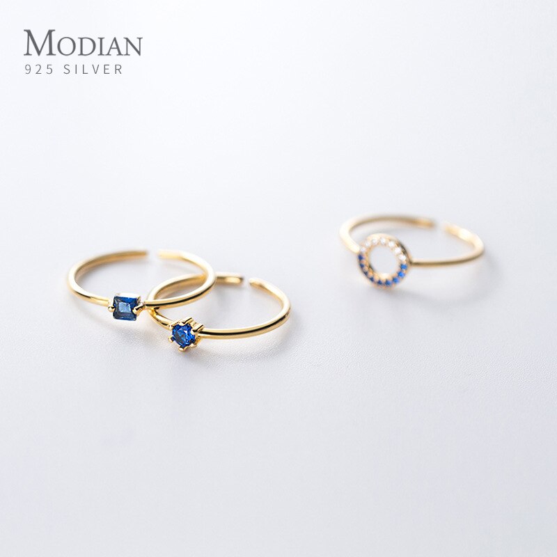 Modian Brands Water Round Square Blue Crystal Opening 925 Sterling Silver Ring for Women Korea Style 3 Style Fine Jewelry